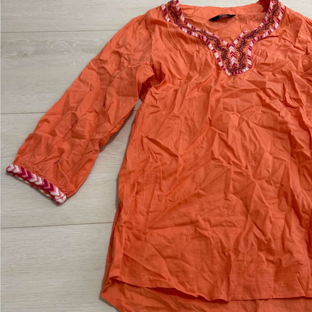 Women's Orange Embroidered V-Neck Tunic Top - Picture 2 of 7